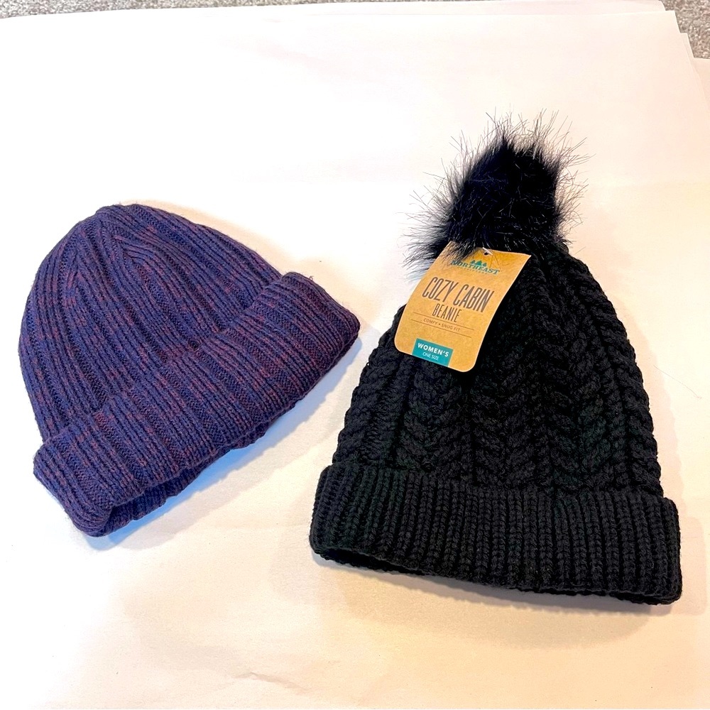 Northeast Outfitters black beanie with Pom Pom and a purple beanie
